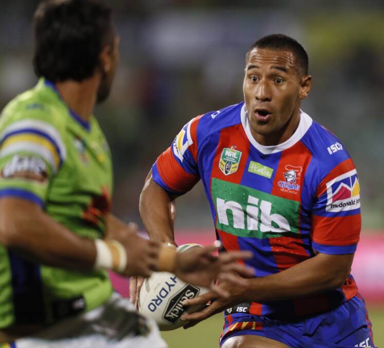 Close: Knights centre Tautau Moga came under strong consideration but his return to the NRL is still on hold after he missed selection in the side to meet the Cowboys on Saturday. Picture: NRL Photos.