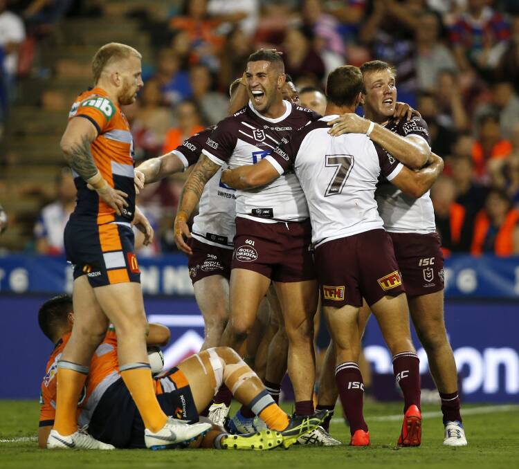 Agony and ecstasy: Manly's joy was the Knights disappointment at McDonald Jones Stadium last weekend. Picture: Darren Pateman/AAP.