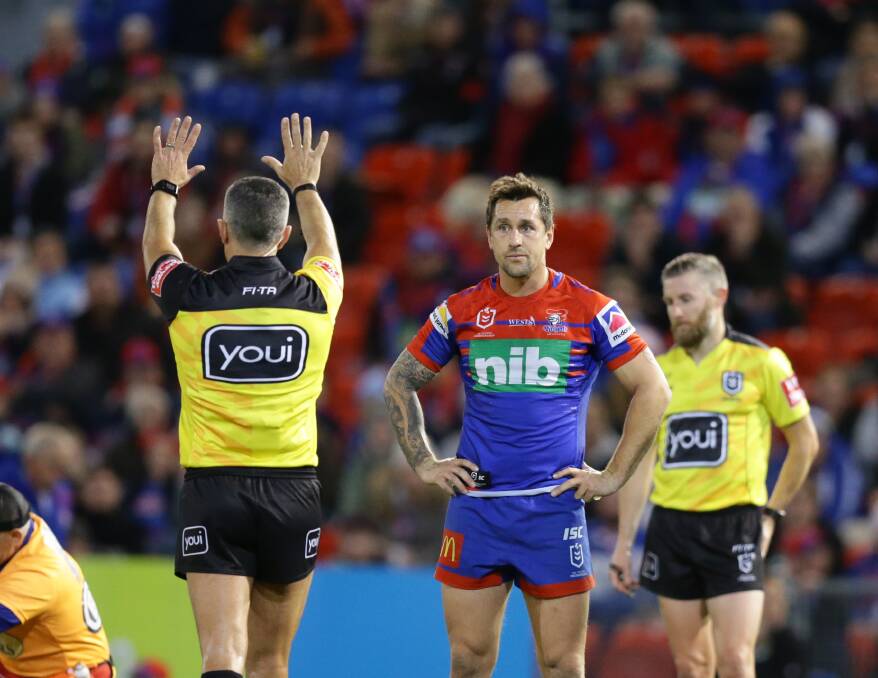 Mitchell Pearce looks on after James Gavet is binned against the Bulldogs,