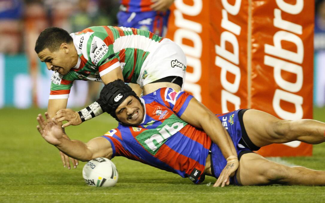 Try time: Knights centre Sione Mata'utia scored a first half try but it wasn't enough with the Knights going down to South Sydney 36-18 at McDonald Jones Stadium. Picture: Darren Pateman/AAP