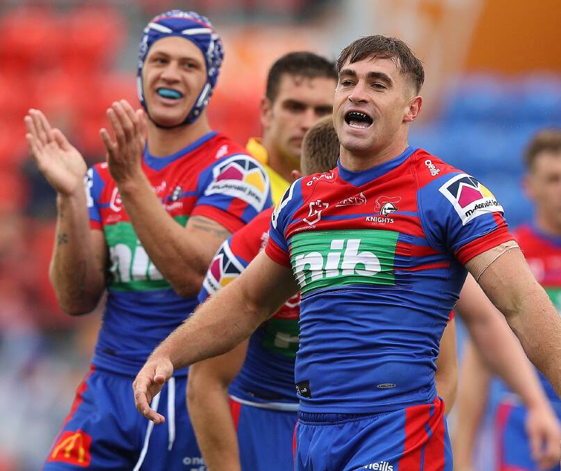 In happier times: The joy of scoring a try against the Warriors in round one has turned to disappointment with Knights star Connor Watson facing a 6 to 8 week stint on the sideline following an ankle injury against Penrith. 