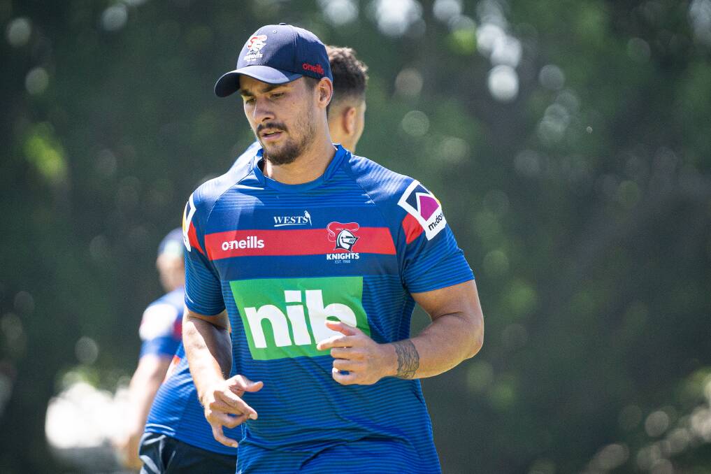 Opportunity: New recruit Enari Tuala will get first crack at cementing the left centre spot for the Knights season-opener against the Warriors when he trials against the Dragons in Maitland. Picture: Knights media.