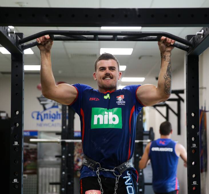 Bulked up: Dylan Phythian in the gym preparing for his return from a long-term injury. Picture: Jonathan Carroll