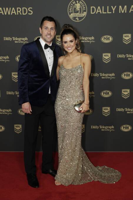 Knights' best: Mitchell Pearce at the Dally M's with his partner Kristin Scott. Picture: Getty Images.