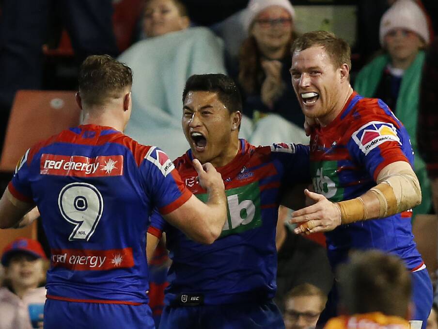 Mason Lino after his try against the Broncos.