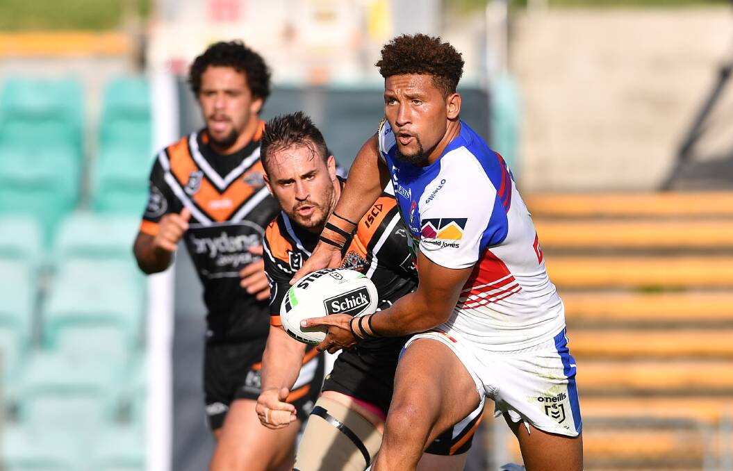 Back in favour: Knights centre Gehamat Shibasaki played strongly for his side in the opening two rounds but found himself on the outer initially when training resumed after the COVID-19 shutdown and he was a little off the pace. But he is back now and wants to stay there. Picture: NRL Photos.