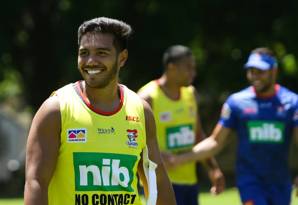 All smiles: Knights winger Hymel Hunt is still struggling to come to grips with his selection in the Queensland Maroons extended Origin squad. 