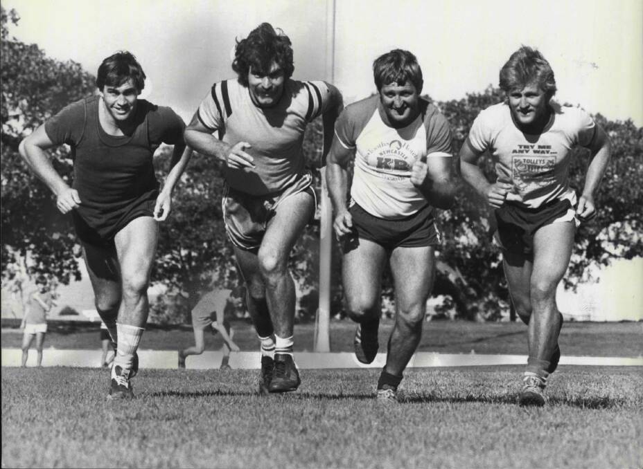 David Howell [second right] at training with Wests players Peter Walsh, Ron Broderick and Peter Duggan in 1981. 