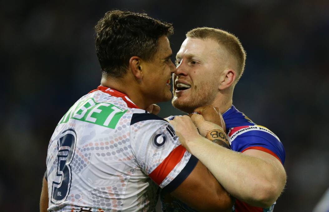 In your face: Tough Knights backrower Mitch Barnett has kicked off negotiations to extend his contract with the club. Picture: Jonathan Carroll. 