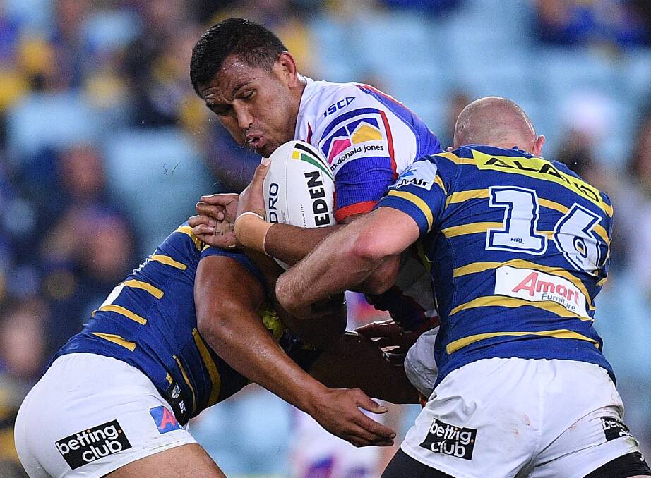 Missing: In-form prop Daniel Saifiti will watch his side's clash with the Sydney Roosters from the sideline because of injury in a big blow to the Knights hopes of an upset. Picture: AAP