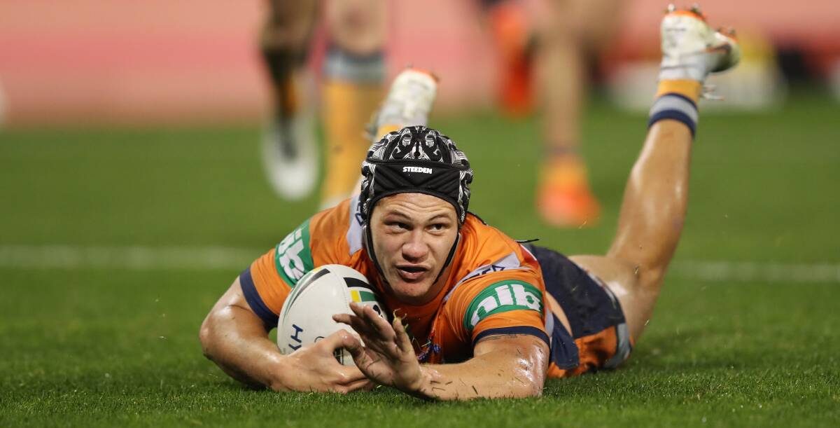 Return: Knights fullback Kalyn Ponga missed his side's brave 14-all draw with the Penrith Panthers last Sunday but will be back to take on the Canberra Raiders on Sunday after serving a one match suspension for a shoulder charge. Picture: NRL Photos.