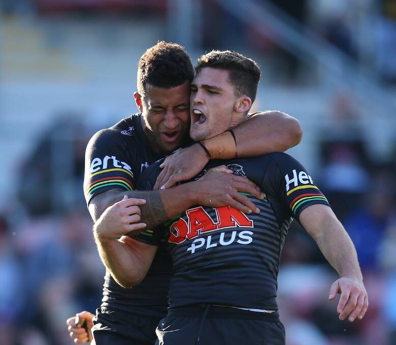 Record-breaker: Penrith halfback Nathan Cleary set a club record with a 34 point haul from four tries and nine goals in the Panthers 54-10 flogging of the Knights.