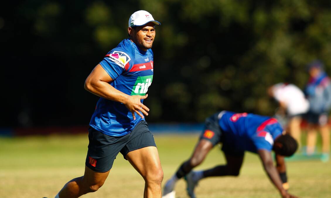 Ready: Knights lock Herman Ese'ese battled an ankle problem during the coronaviris lockdown period but is back in full training and ready to fire against the Penrith Panthers at Campbelltown on Sunday week. Picture: Jonathan Carroll.