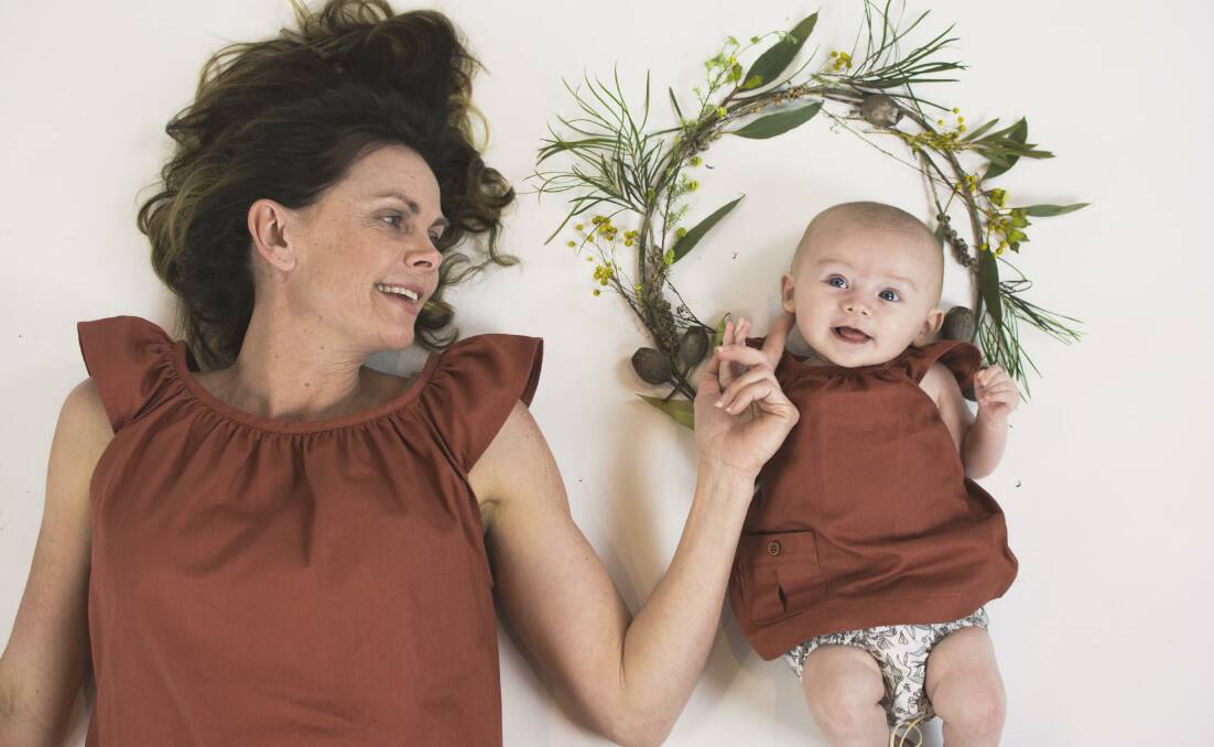 Matchy matchy: Peta Purcell with baby Vivienne in Mother & Joey items. Picture: Caitlin Schokker.