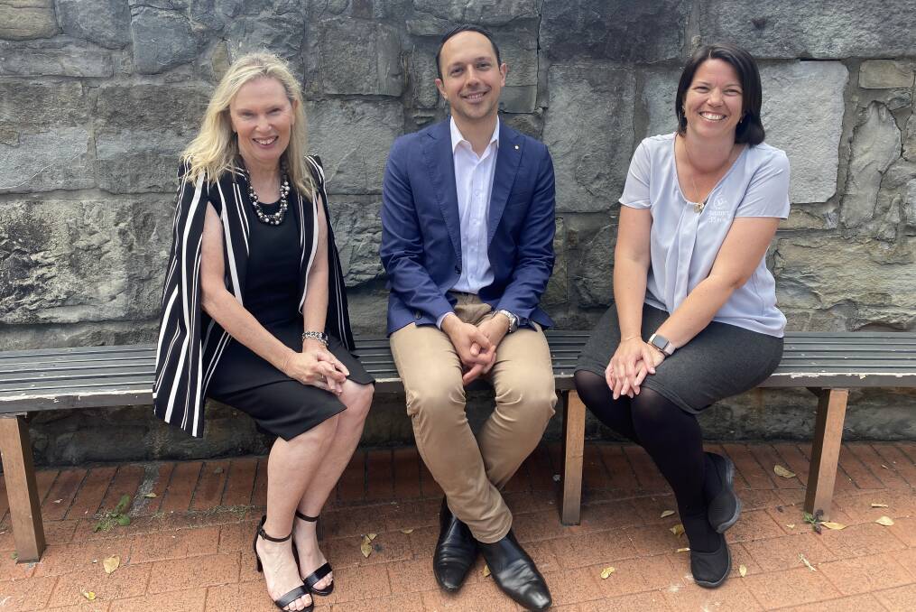 Greater Charitable Foundation CEO Anne Long, left, Zahra Foundation Australia Co-founder, Arman Abrahimzadeh OAM, and Jenny's Place operations manager Stacey Gately in Newcastle on Monday to announce the three-year partnership. Picture supplied 