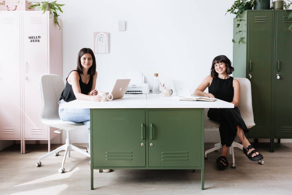 Industrial might: Becca Stern, right, and her sister Jess launched their locker company a Sydney trade show. It is now stocked in Australia, the UK, Europe and now the US.