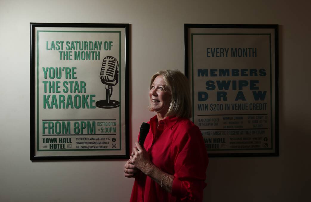 Sharen Richards at the Town Hall pub in Waratah, one of the venues she stages her karaoke show. Picture: Simone De Peak 