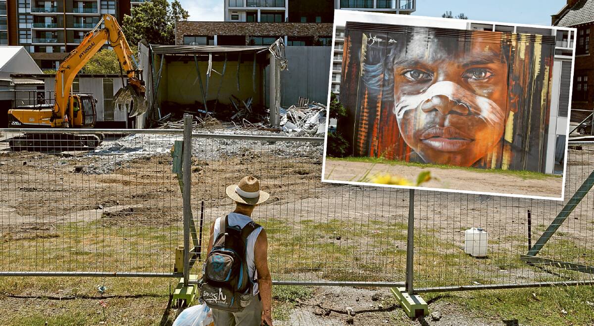 Farewell: The wreck of the building that had displayed Adnate's mural of an Aboriginal boy, inset. Adnate will paint a replica on the high-rise to be built on the site. Picture: Max Mason-Hubers
