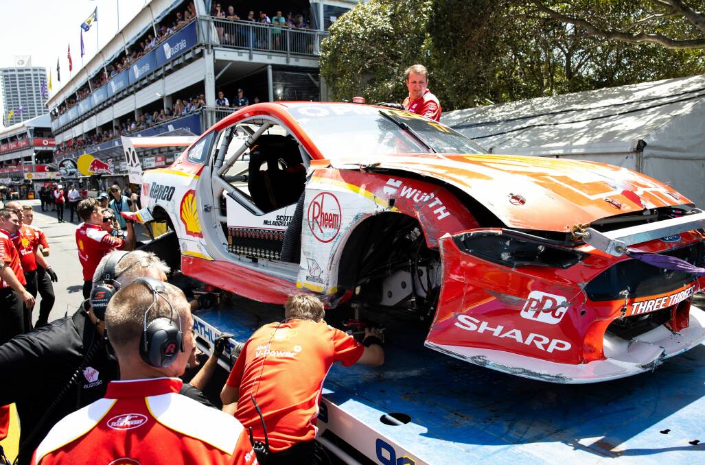 DAMAGED: Scott McLaughlin's car after crashing at the Gold Coast 500 Supercars Championship. The accident has worried some Newcastle residents.