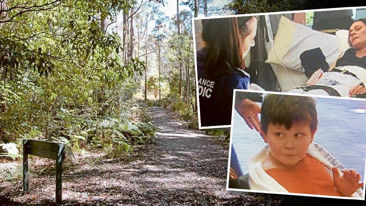 LUCKY ESCAPE: Michelle Small, top, and her son Dylan Deane after they were rescued in Mount Royal National Park, north of Singleton, on Thursday. The mother and son spent 11 days lost in bushland. Inset pictures: Channel Seven