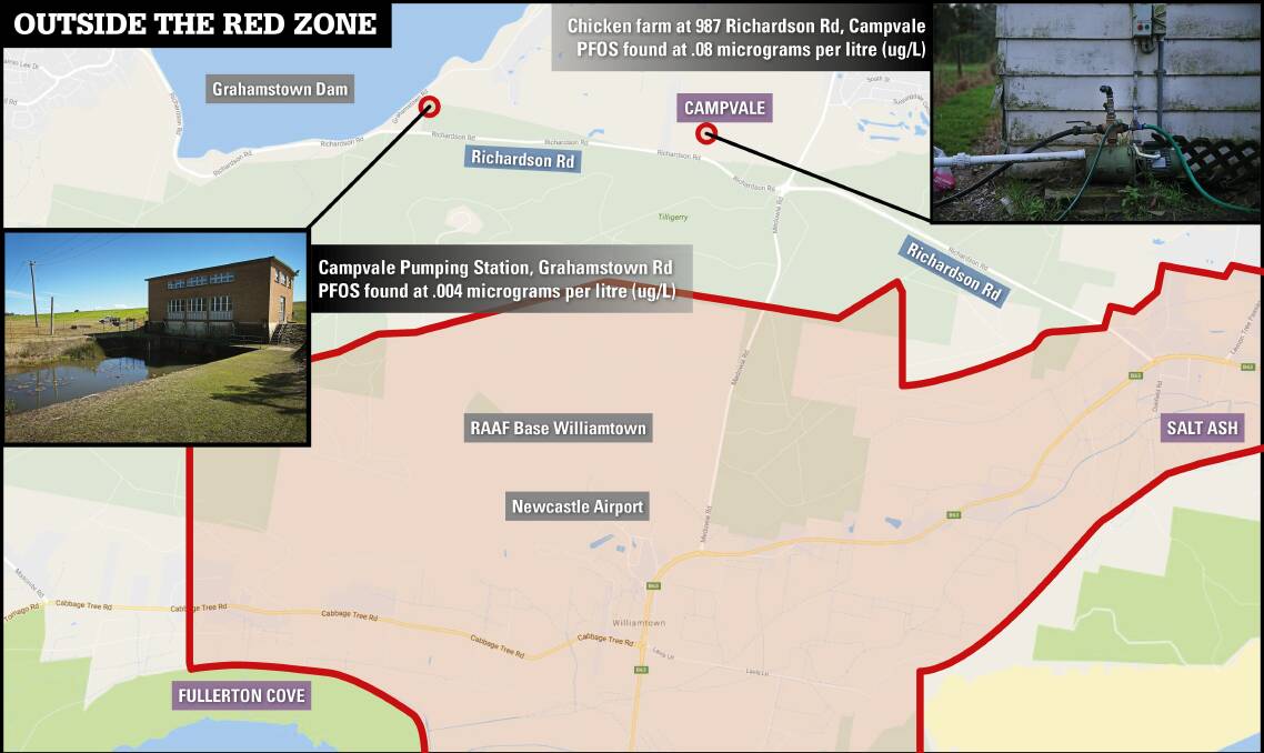 DISCOVERY: A map showing the red zone at Williamtown and the locations of the chicken farm and the Campvale Pumping Station, where the chemical was detected in March this year.