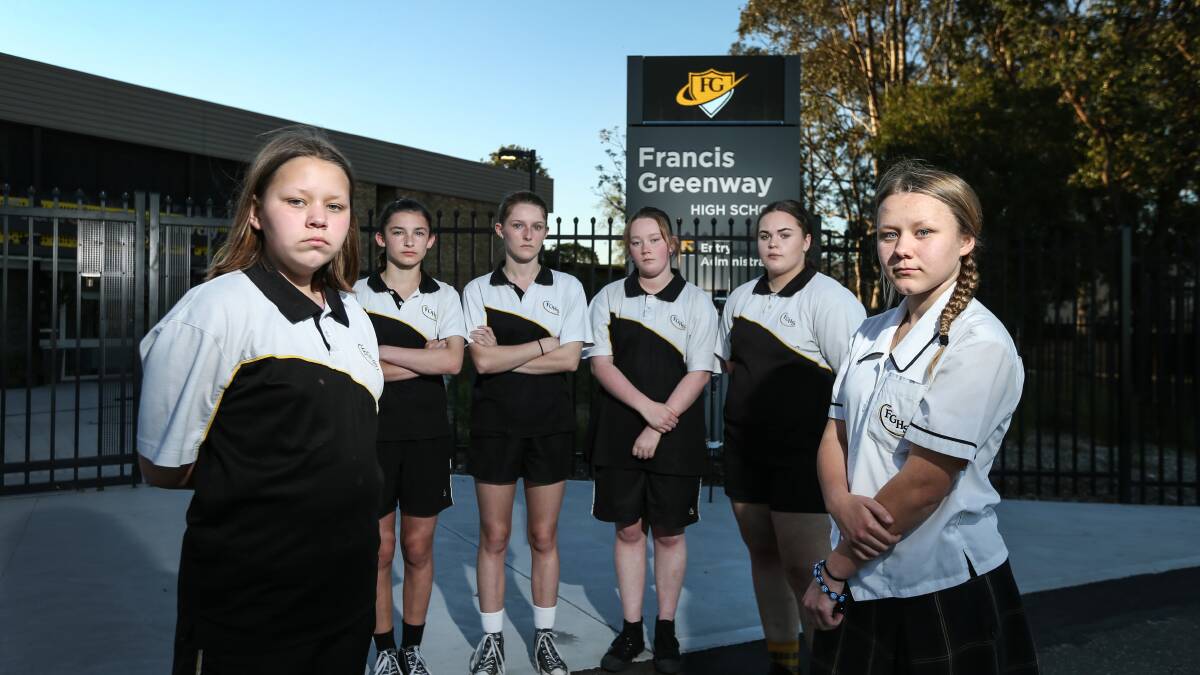 ANGRY: Francis Greenway students, from left, Nicola Walk, Melissa Duffield, Ashlie Duffield, Jemma Cheetham, Ashley Robson and Sufiya Walk. Picture MARINA NEIL 