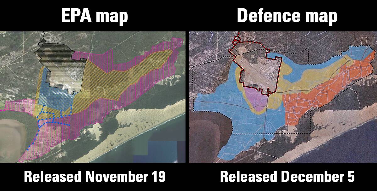 CONFUSION: The maps from the EPA, left, and Defence. Port Stephens MP Kate Washington slammed the differing maps as 'madness'. “It’s like the maps are a visual representation of the dysfunction between the state and the feds.”