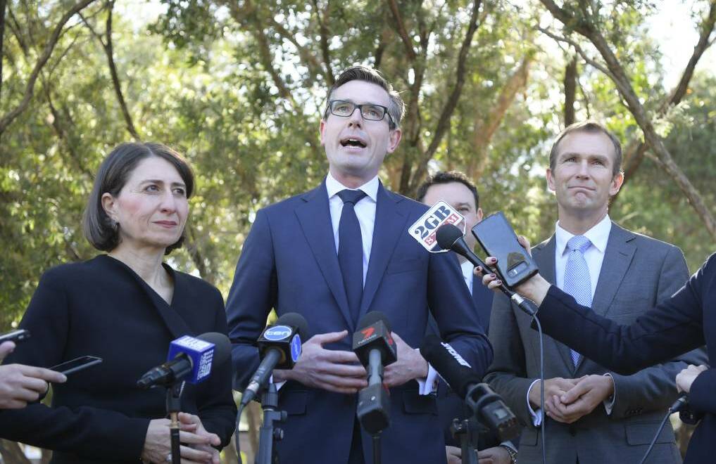 Windfall: Premier Gladys Berejiklian, Treasurer Dominic Perrottet and then Minister for Education Rob Stokes announced the precinct in 2018. Picture: Simon Bullard