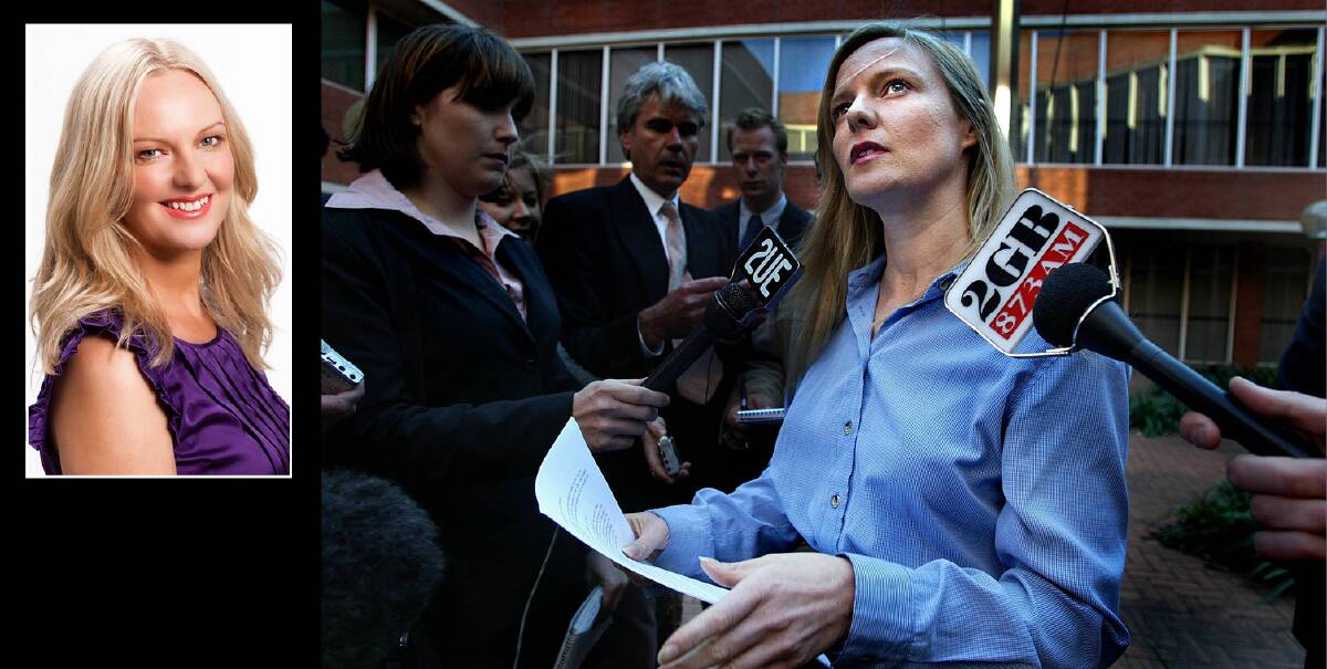 Brave: Rebecca Poulson talks to press about her family shortly after their deaths in September 2003. Main picture: Kate Geraghty. Inset: Ms Poulson today. She tells audiences that everyone "knows a victim or perpetrator". 