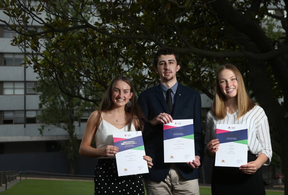 Homegrown success: Natalie Cox from Newcastle High, Clayton Carlon from All Saints' College Maitland and  Rani Ruse from Lambton High topped the state in three different subjects.