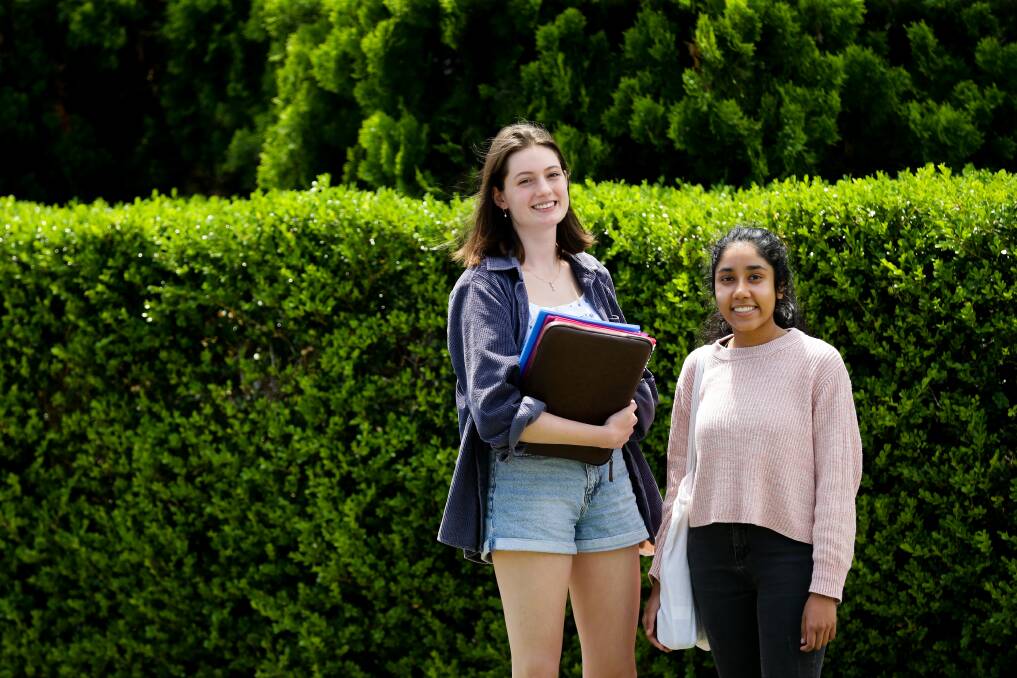 Outstanding: Abbie Palmer, left, and Rayna Lamack, right, after their Ancient History exam in October. Picture: Jonathan Carroll