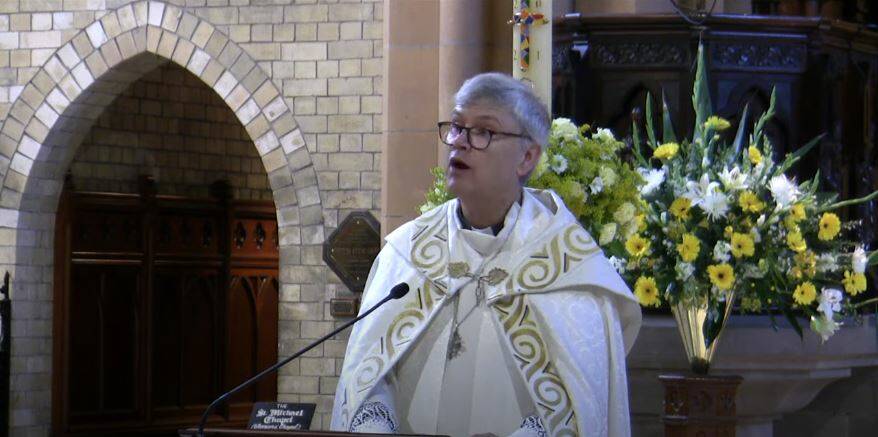 Let us pray: Bishop Peter Stuart at the 8am service, one of four to be held at the cathedral on Easter Sunday. 