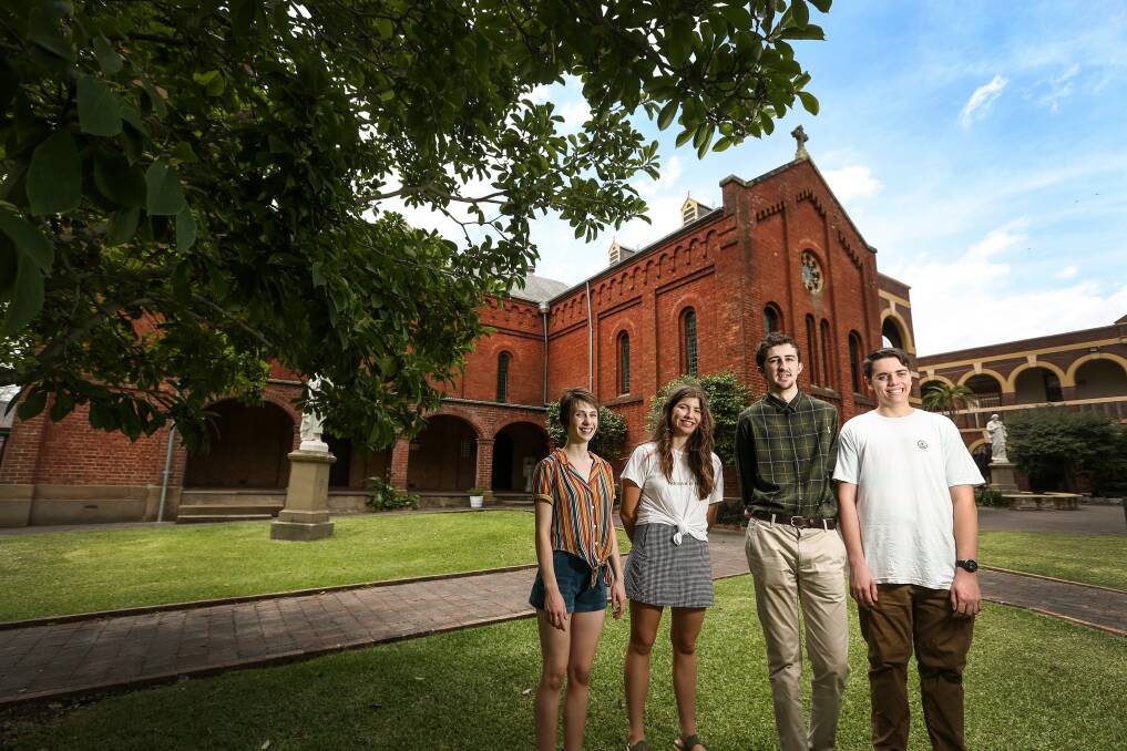 Stars: Students Sophia Derkenne, Sydney Slade, Clayton Carlon and Bradley Montroy made up one of the college's most successful HSC cohorts in 2018. Picture: Marina Neil