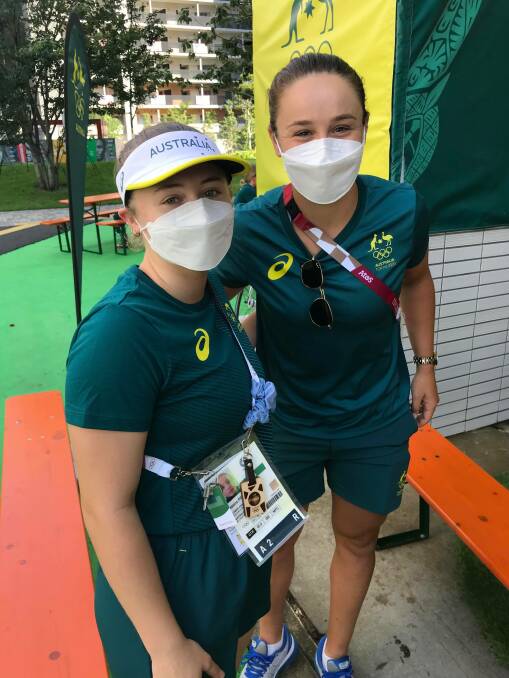 Stars: Jessica Pickering (left) was unable to attend the opening ceremony because of a limit on numbers, but has been mingling with other athletes including Ash Barty (right).