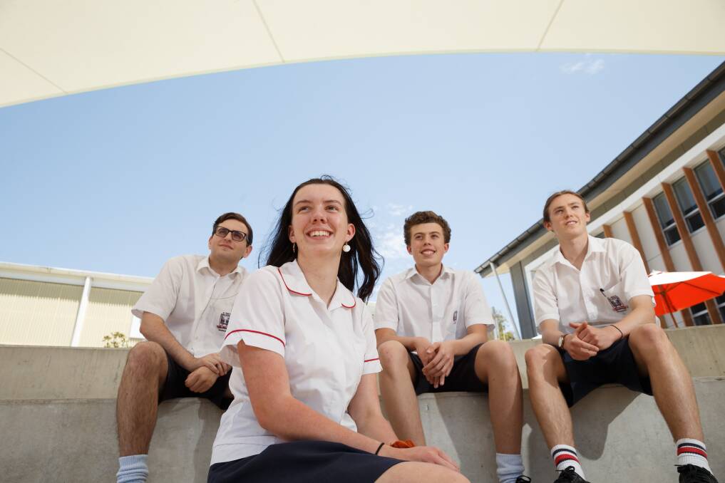 Relieved: Donovan Bilsborough hopes to study commerce, while Madi Forshaw is aiming for law and Lochie Kneis and Tom Curran a double degree in business and innovation and entrepreneurship. Picture: Max Mason-Hubers