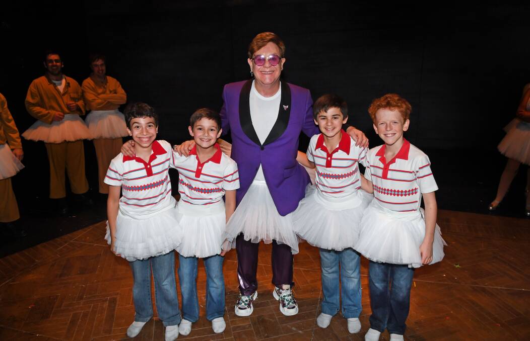 Guest: Omar Abiad, River Mardesic, Wade Neilsen and Jamie Rogers met Elton John backstage at Billy Elliot The Musical in Sydney. Picture: James D Morgan