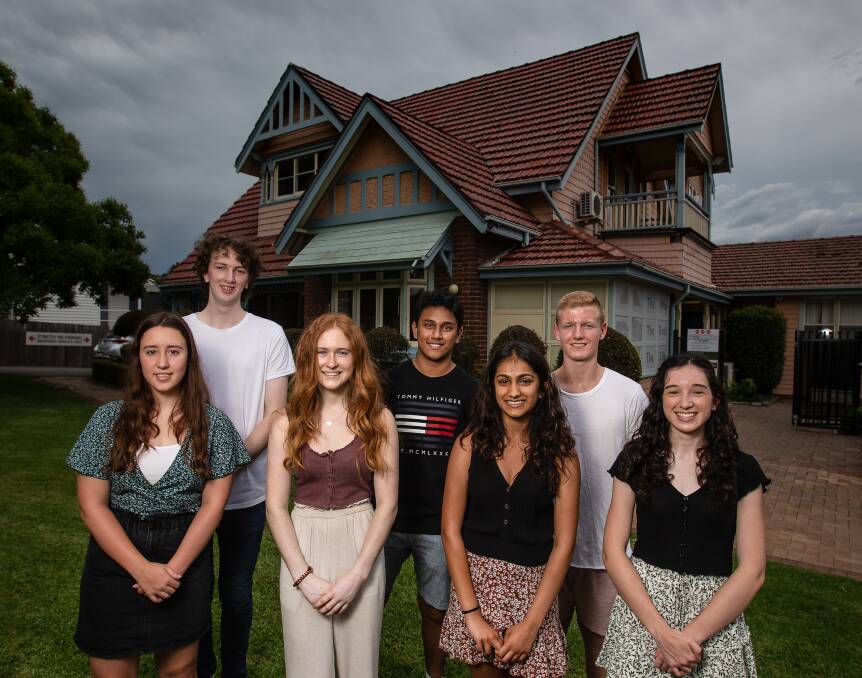 Aim high: St Philip's Waratah All-Round Achievers received high ATARs. In the back row, Michael Beckhouse received 98.7, Esan Hasan 99.15 and Jonah Murphy 96.5. In the front row, Claire Andrews received 99.4, Isabelle Imig 98.8, Khushi Patel 98.35 and Emily Baker 97.85. Picture: Marina Neil