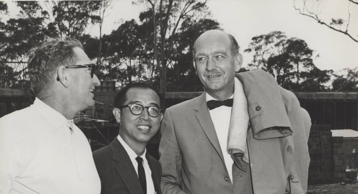 Brilliant: Olivia Newton-John's father, Professor Brinley Newton-John, pictured on right in 1965. He helped coin the university's motto. It has established the Newton-John Alumni Medal for innovation and creativity in arts, creative sectors and culture.