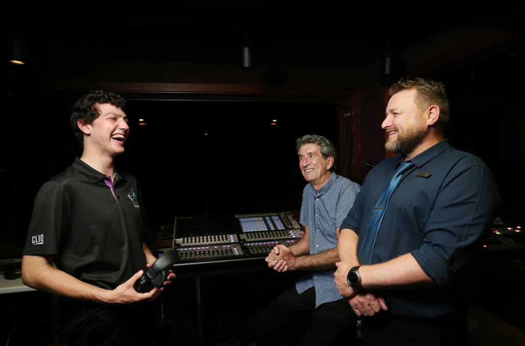 Bailey Stone with HSPA theatre manager Jim Bowman and deputy principal Darren Ponman at the audio mixing console. Picture by Simone De Peak