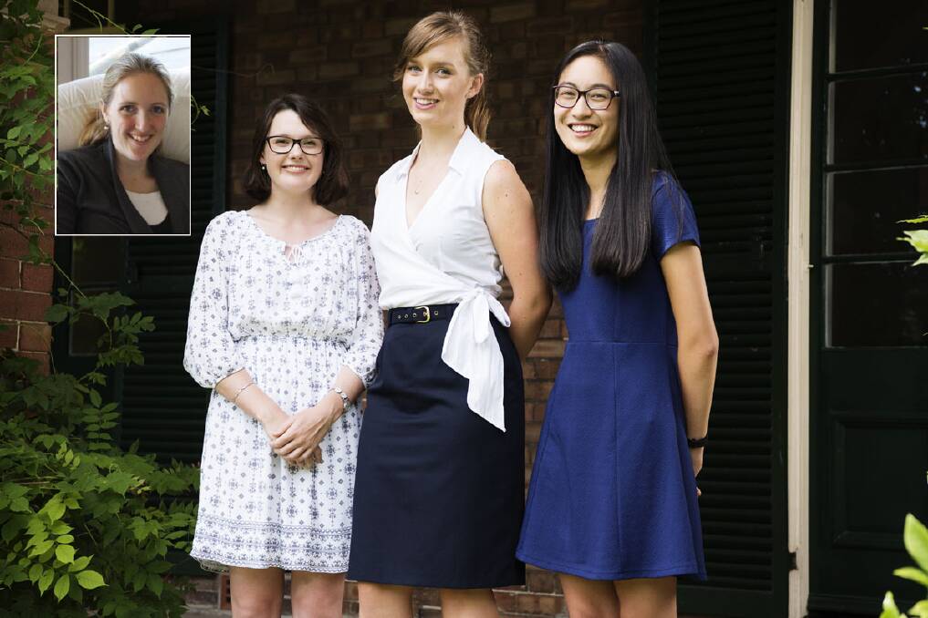 Honoured: Catherine Priestly, Kate Field and Angie Lu at Women's College in The University of Sydney. Katrina Dawson is pictured inset. "My advice is to do as much as you can in your community and your school because it gives you great skills that will help you in the future," Ms Field said. Picture: James Brickwood
