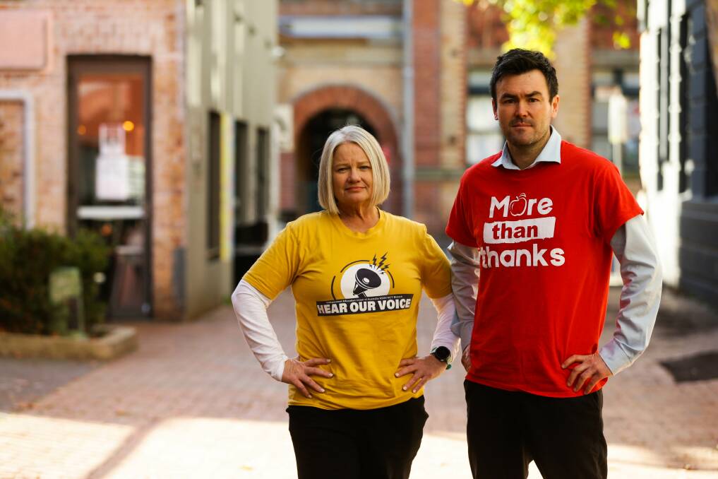 United front: Therese Fitzgibbon and Jack Galvin Waight said the profession stood as one. "We have teachers who are already tired, dealing with more pressure associated with teacher shortage," she said. Picture: Jonathan Carroll