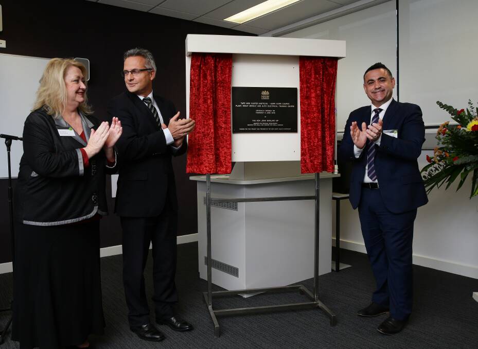 Opening: Hunter TAFE Institute Director Christine Warrington, Managing Director of TAFE NSW Jon Black and Minister for Skills John Barilaro at the opening of the upgraded Plant, Heavy Vehicle and Auto Electrical Training Centre at Kurri Kurri campus. Picture: Marina Neil