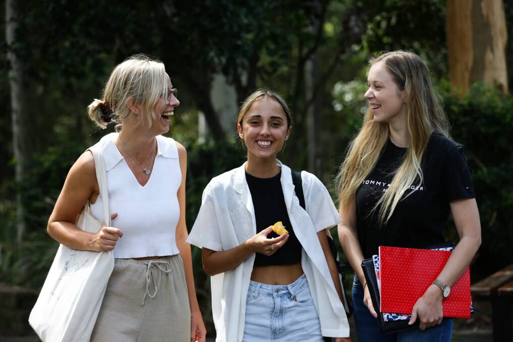 Pleased: Abbi Pattison, Izzy Neskovski and Ash Kiem are glad all their classes are face to face this year, after learning online for the majority of last year. Picture: Jonathan Carroll
