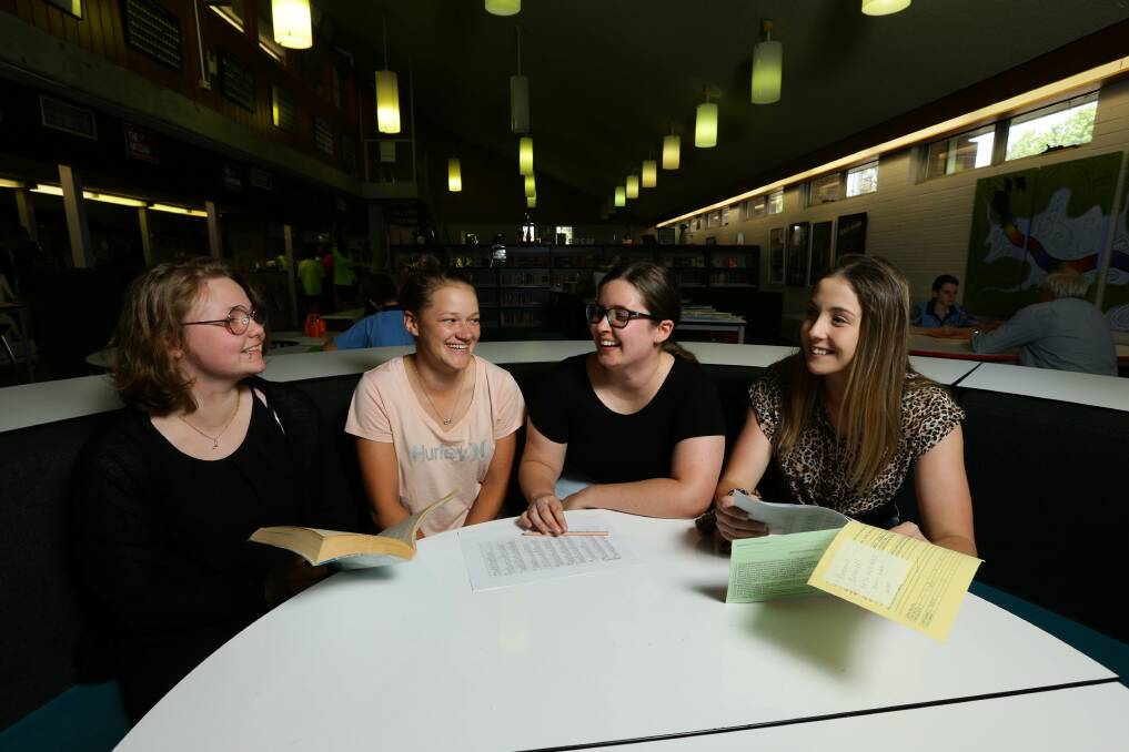 Relief: Angel Baker-Vollmer, Isabelle Bird, Rhian Wilkins and Reanna Betwell enjoyed the content-heavy subject because of their "amazing" teachers. Picture: Jonathan Carroll
