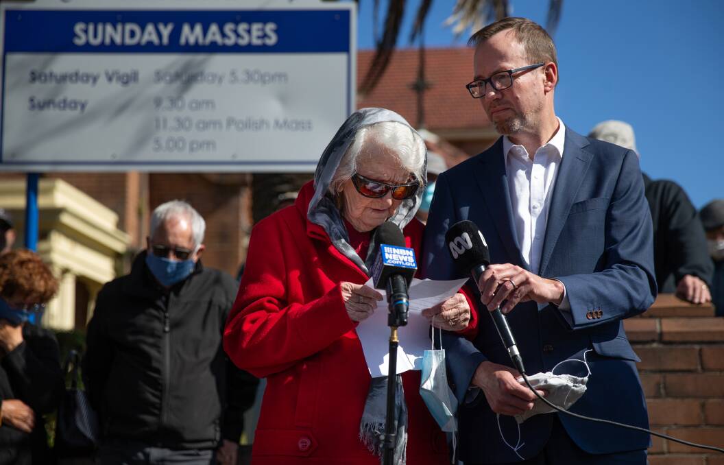 Action needed: David Shoebridge has called for an inquest. He is pictured outside Sacred Heart Cathedral last week alongside Audrey Nash, whose son Andrew died by suicide in October 1974. Picture: Marina Neil