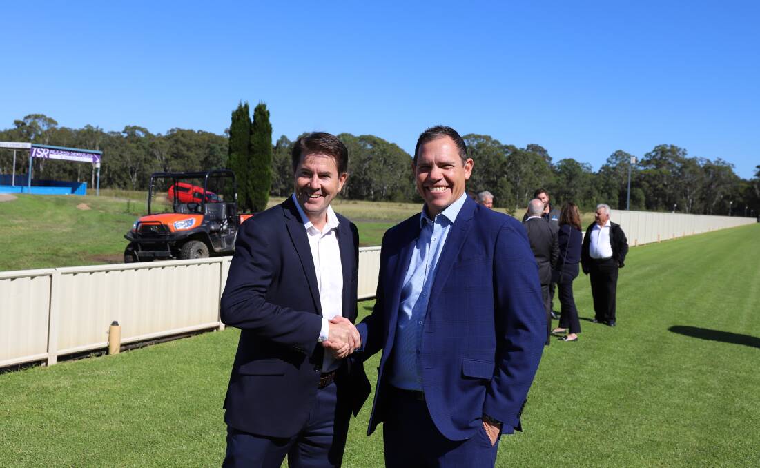 Up and running: Minister For Racing Kevin Anderson and GRNSW CEO Tony Mestrov at the opening of the Richmond Straight track in April 2021. The new venue has been a big success with participants and fans.. Photo: Supplied