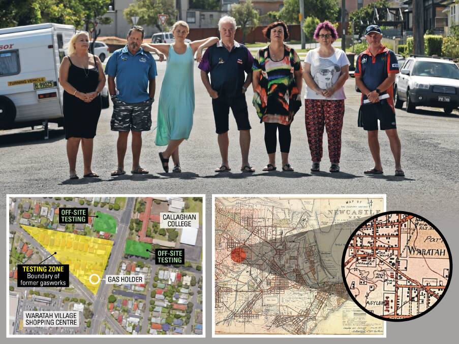 TOXIC FALLOUT: From left, residents John and Sue Dawson, Alison Beverley, Colin and Joan Woods, and Kim and Adam Lowe on Ellis Road, Waratah. Inset: Where investigators are testing; 1910 map of Newcastle. Map: University of Newcastle Cultural Collections. Main picture: Simone De Peak