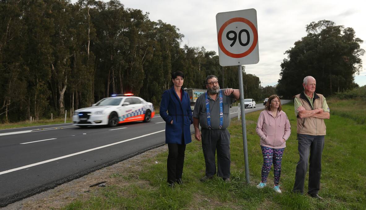 ABOUT TIME: Port Stephens MP Kate Washington, left, Tomago Rd residents Tony and Lea Formosa and Cabbage Tree Rd resident Wayne Sampson have won in their campaign to have the speed limit dropped along a 7.8km stretch of road from 90km/h to 80km/h. Picture: Simone De Peak
