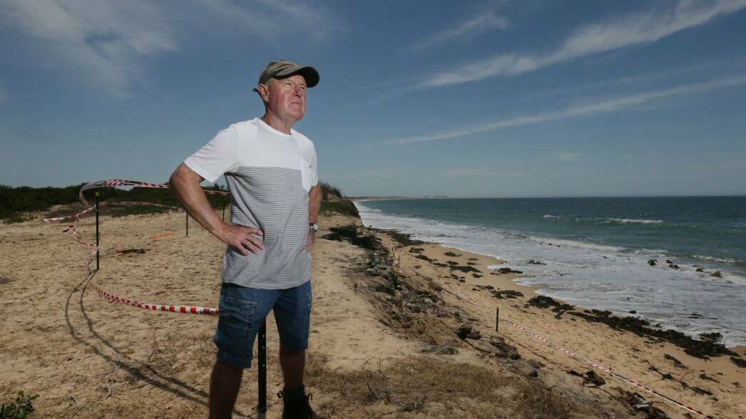 INEVITABLE: Stockton Landcare coordinator Paul Johnson, pictured on the beach in 2018, said 35 metres of dune front had disappeared in front of Corroba Oval over the past four years and there were no dunes left.