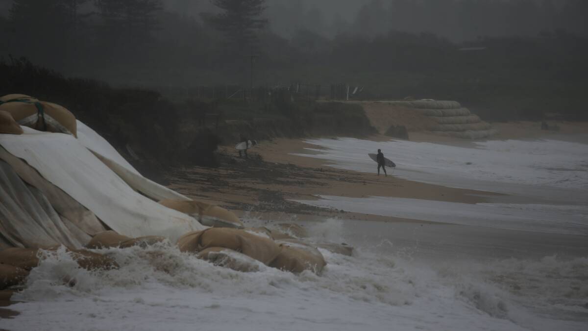 WAR ZONE: Stockton beach is increasingly held together by sandbags due to the worsening erosion crisis. Picture: Simone De Peak